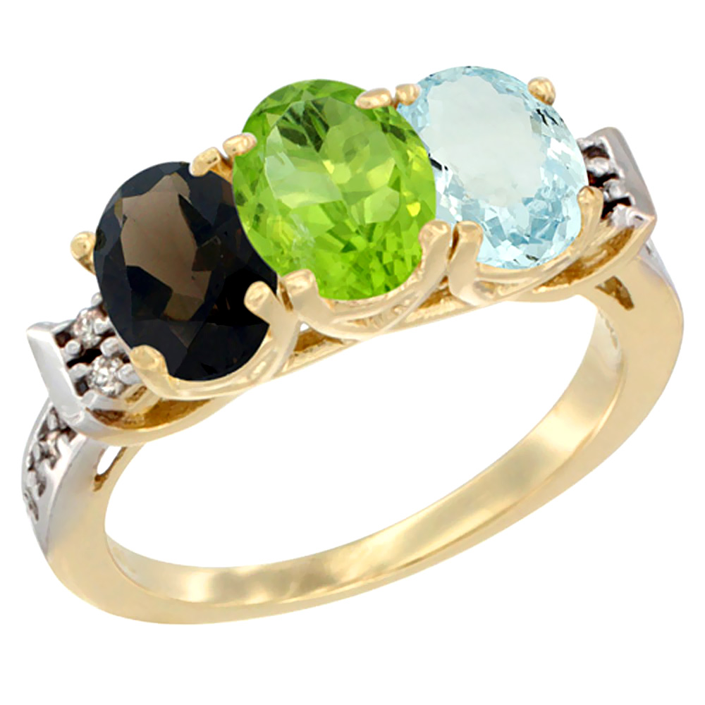 14K Yellow Gold Natural Smoky Topaz, Peridot & Aquamarine Ring 3-Stone Oval 7x5 mm Diamond Accent, sizes 5 - 10