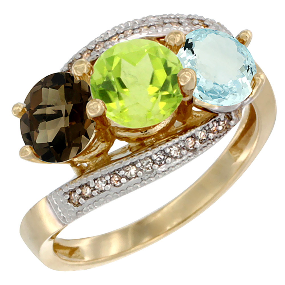 14K Yellow Gold Natural Smoky Topaz, Peridot & Aquamarine 3 stone Ring Round 6mm Diamond Accent, sizes 5 - 10