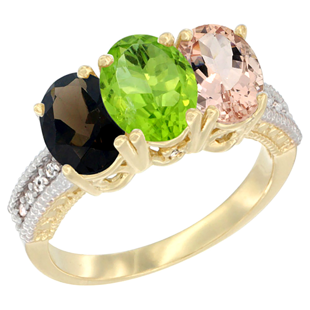 14K Yellow Gold Natural Smoky Topaz, Peridot & Morganite Ring 3-Stone 7x5 mm Oval Diamond Accent, sizes 5 - 10