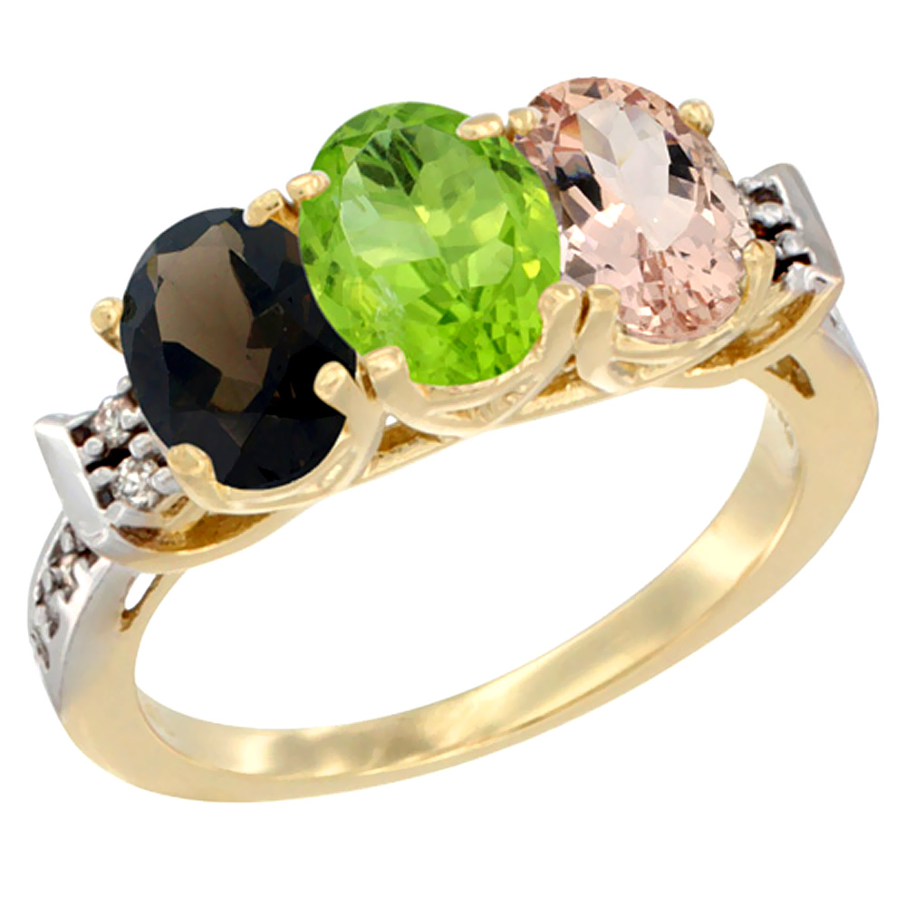 14K Yellow Gold Natural Smoky Topaz, Peridot &amp; Morganite Ring 3-Stone Oval 7x5 mm Diamond Accent, sizes 5 - 10