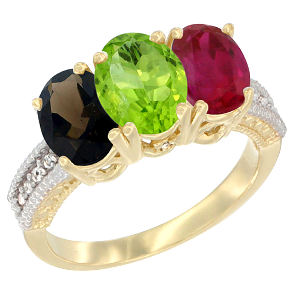 14K Yellow Gold Natural Smoky Topaz, Peridot & Enhanced Ruby Ring 3-Stone 7x5 mm Oval Diamond Accent, sizes 5 - 10