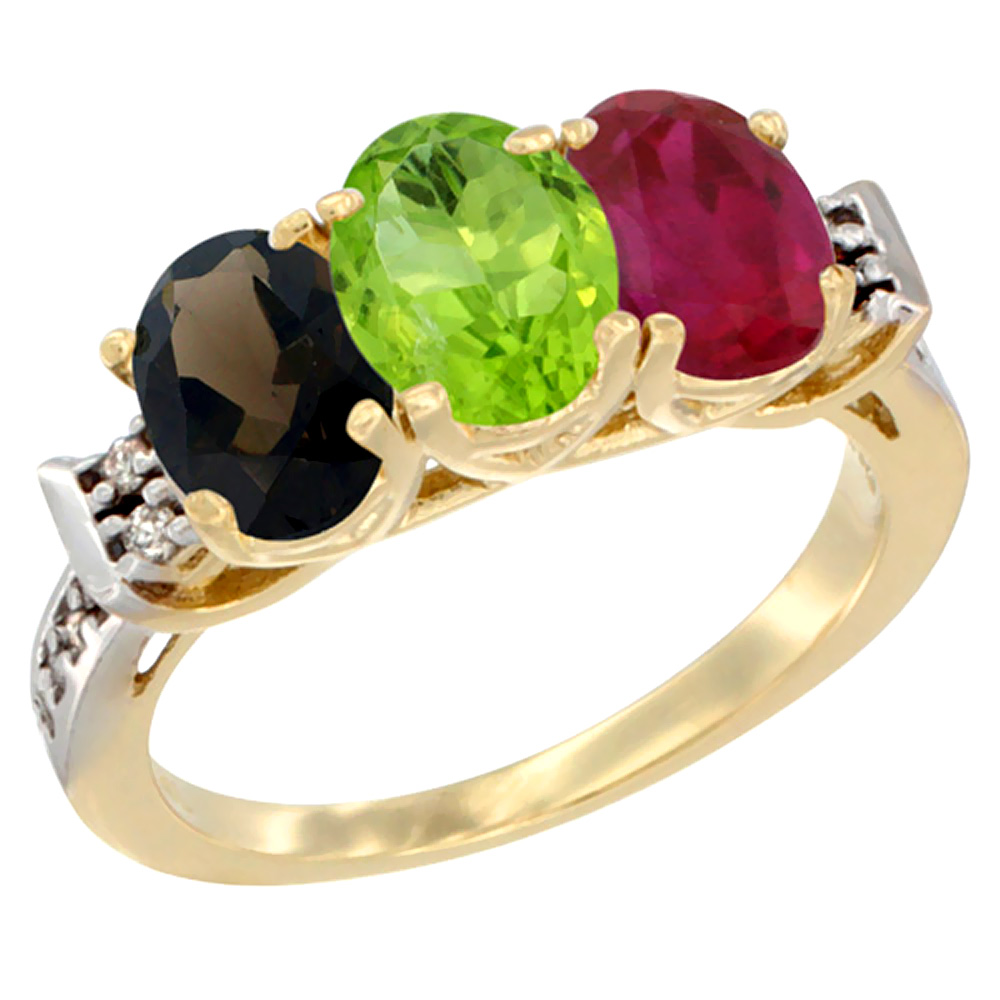 14K Yellow Gold Natural Smoky Topaz, Peridot &amp; Enhanced Ruby Ring 3-Stone Oval 7x5 mm Diamond Accent, sizes 5 - 10