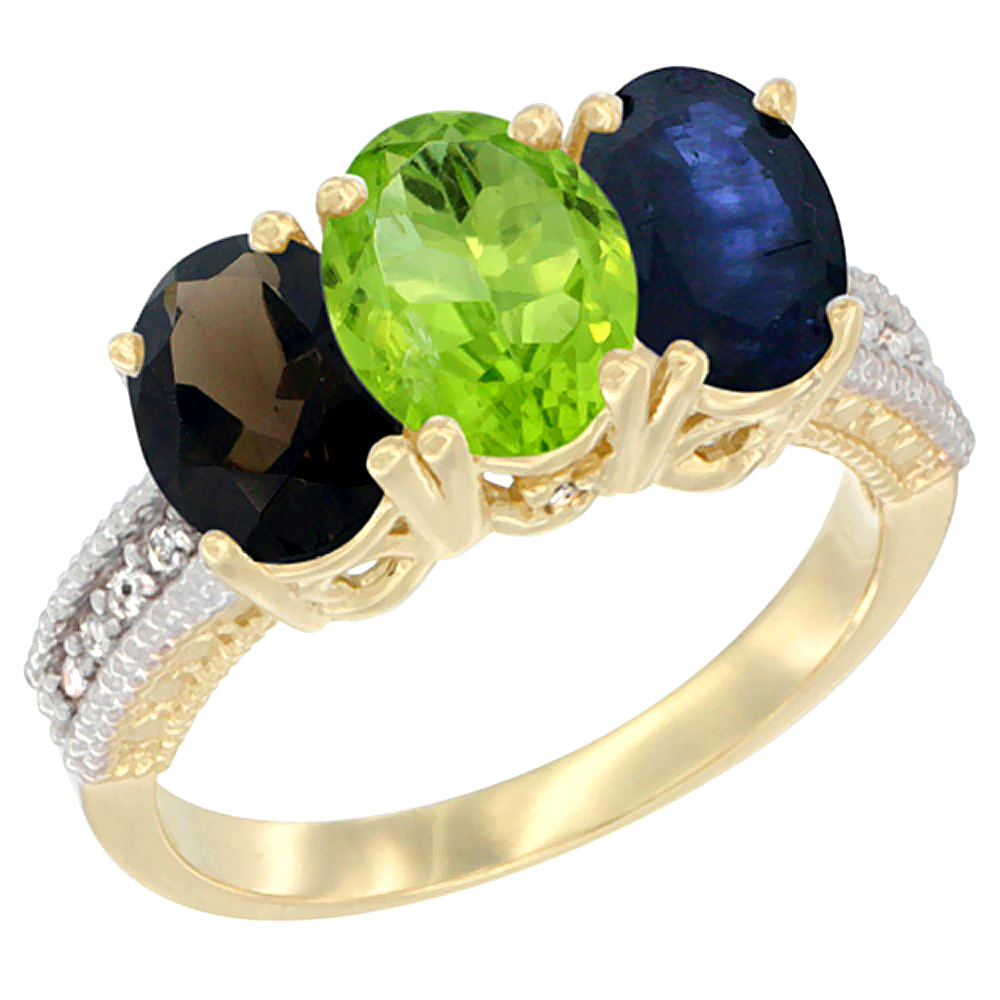 10K Yellow Gold Diamond Natural Smoky Topaz, Peridot & Blue Sapphire Ring 3-Stone 7x5 mm Oval, sizes 5 - 10