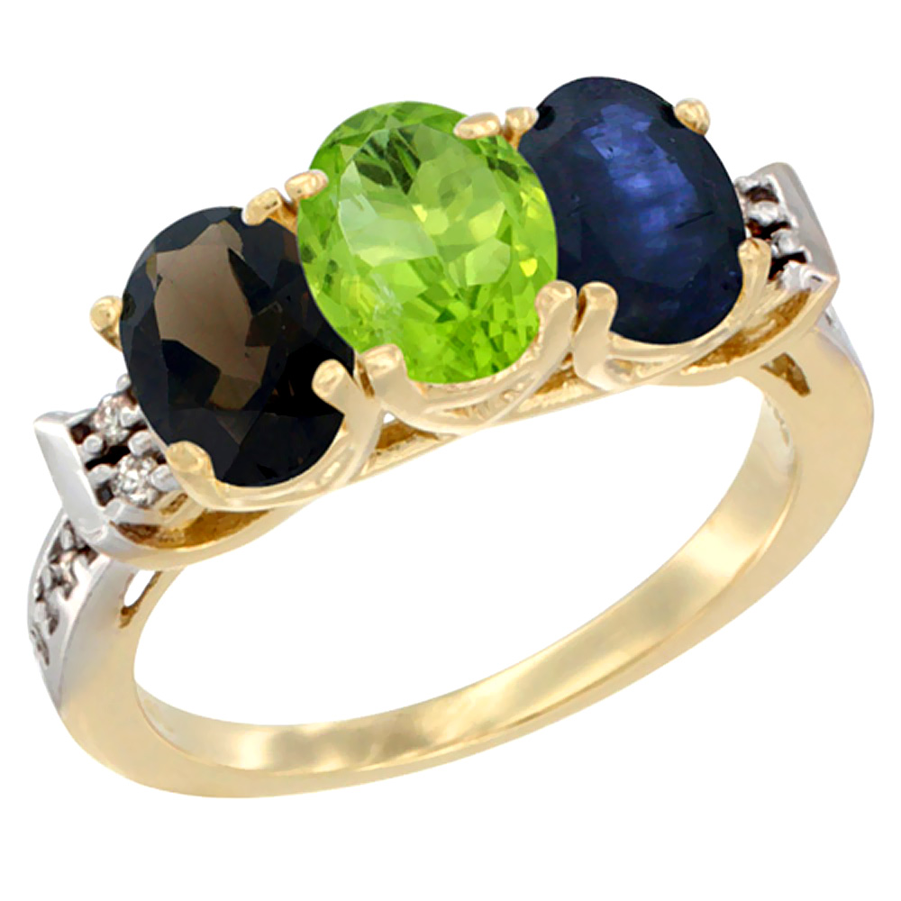 14K Yellow Gold Natural Smoky Topaz, Peridot &amp; Blue Sapphire Ring 3-Stone Oval 7x5 mm Diamond Accent, sizes 5 - 10