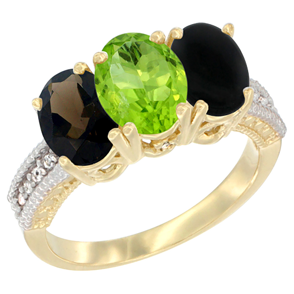 10K Yellow Gold Diamond Natural Smoky Topaz, Peridot & Black Onyx Ring 3-Stone 7x5 mm Oval, sizes 5 - 10