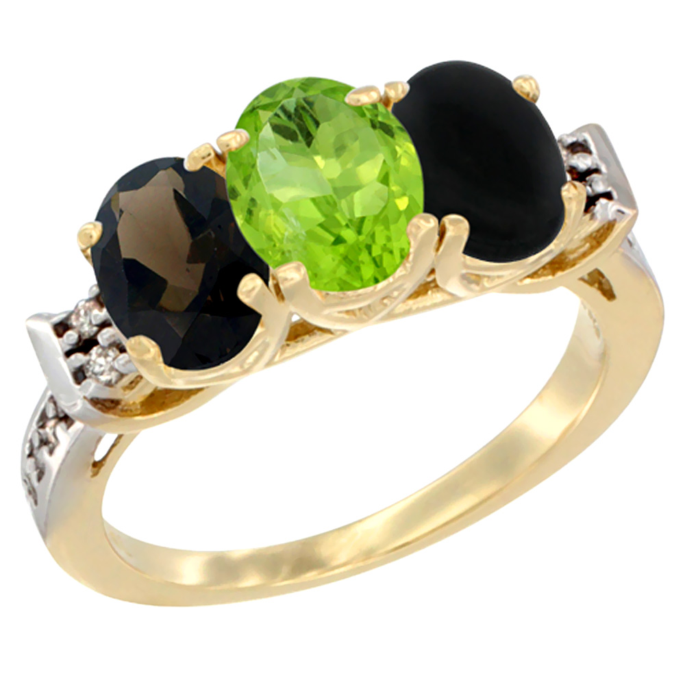 14K Yellow Gold Natural Smoky Topaz, Peridot &amp; Black Onyx Ring 3-Stone Oval 7x5 mm Diamond Accent, sizes 5 - 10