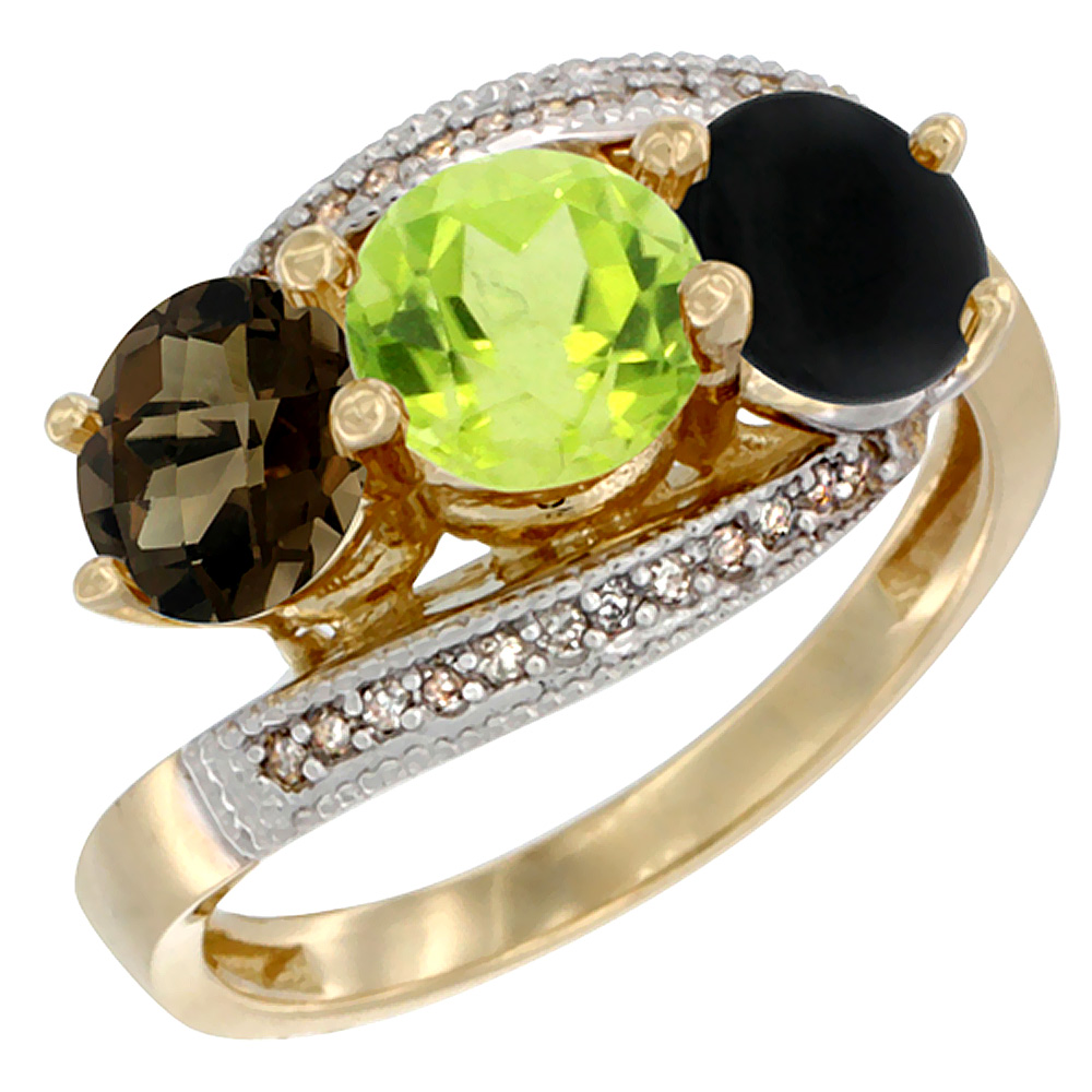 10K Yellow Gold Natural Smoky Topaz, Peridot & Black Onyx 3 stone Ring Round 6mm Diamond Accent, sizes 5 - 10