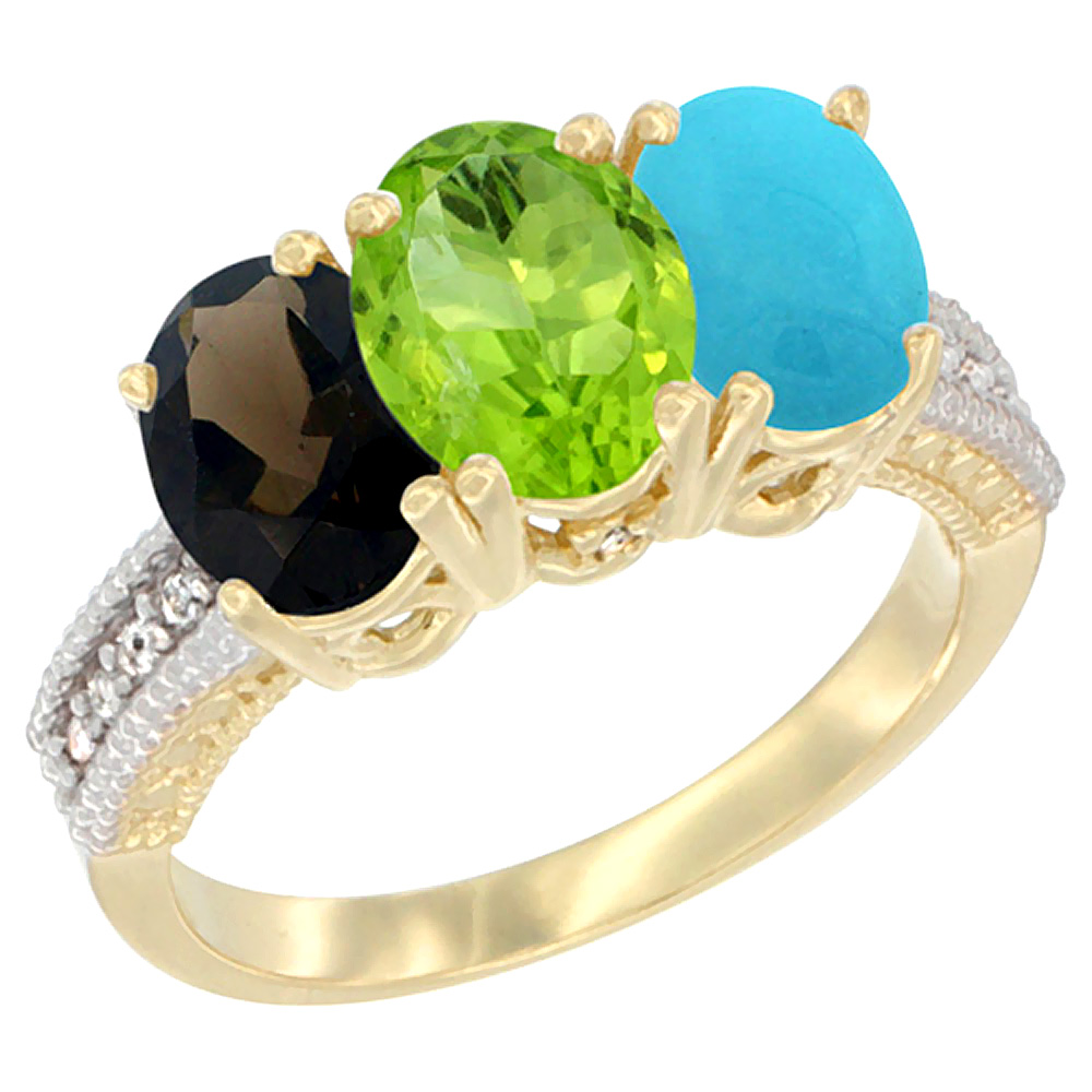 10K Yellow Gold Diamond Natural Smoky Topaz, Peridot & Turquoise Ring 3-Stone 7x5 mm Oval, sizes 5 - 10