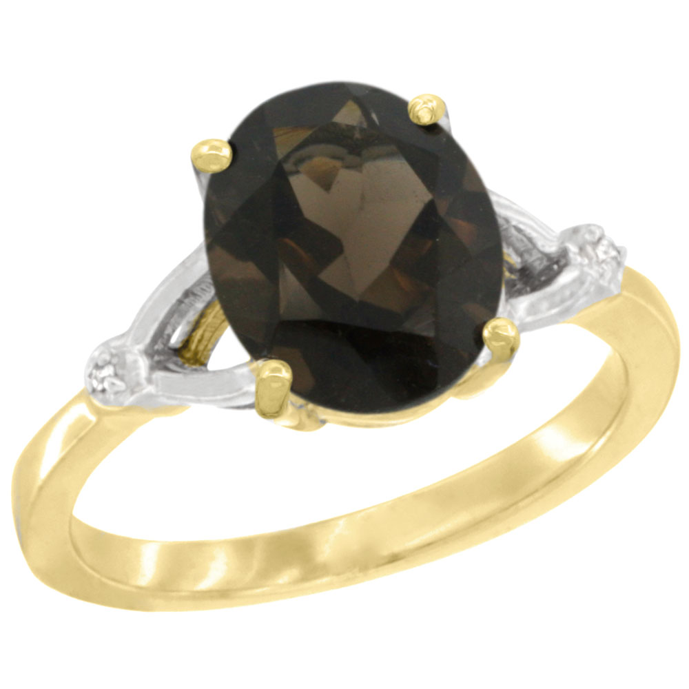 10K YELLOW GOLD SIMPLE LARGE 4 PRONG 10X8MM OVAL SMOKY TOPAZ ENGAGEMENT RING FOR WOMEN 3/8 INCH WIDE SIZES 6-10