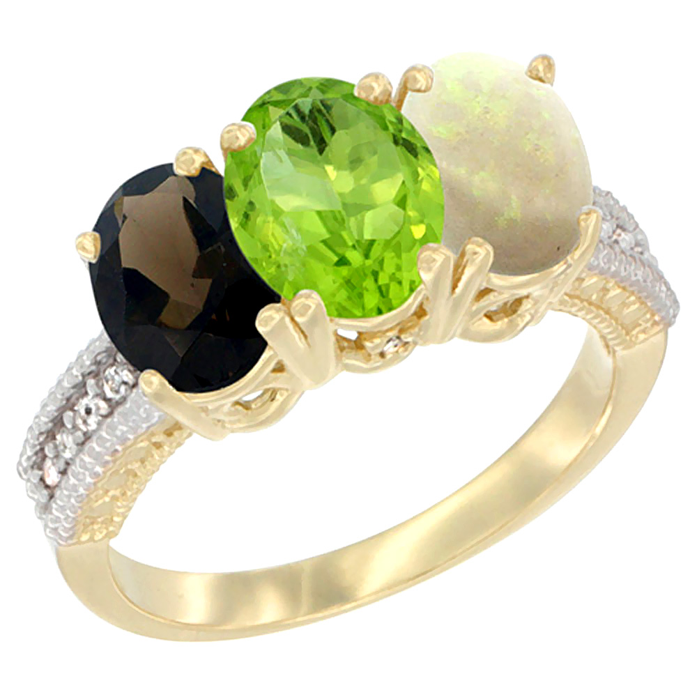 10K Yellow Gold Diamond Natural Smoky Topaz, Peridot & Opal Ring 3-Stone 7x5 mm Oval, sizes 5 - 10