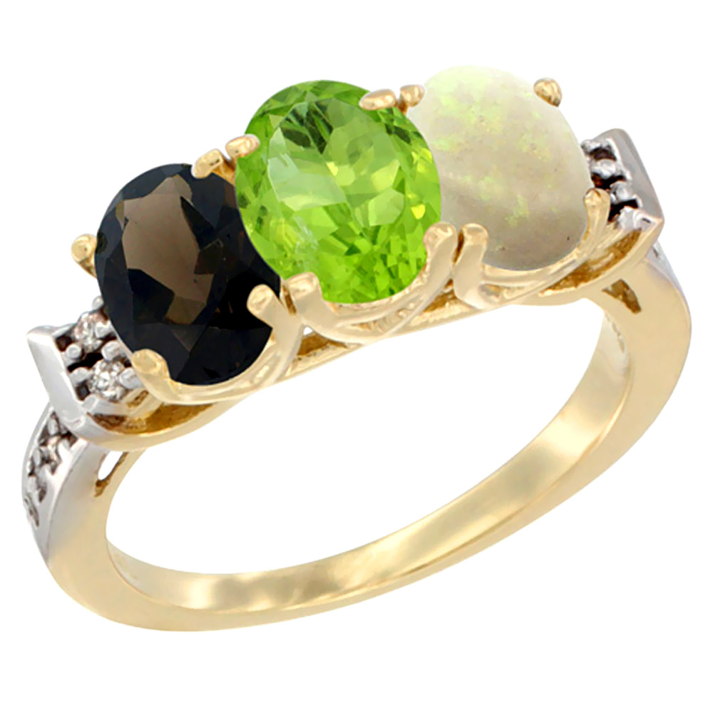 14K Yellow Gold Natural Smoky Topaz, Peridot & Opal Ring 3-Stone Oval 7x5 mm Diamond Accent, sizes 5 - 10