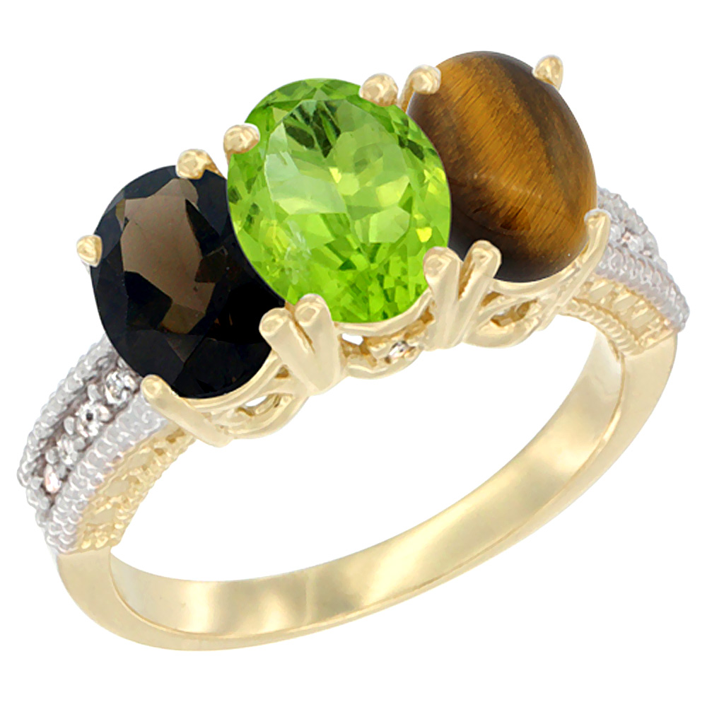 14K Yellow Gold Natural Smoky Topaz, Peridot &amp; Tiger Eye Ring 3-Stone 7x5 mm Oval Diamond Accent, sizes 5 - 10