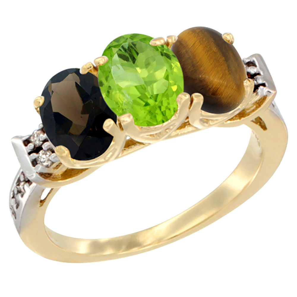 14K Yellow Gold Natural Smoky Topaz, Peridot &amp; Tiger Eye Ring 3-Stone Oval 7x5 mm Diamond Accent, sizes 5 - 10