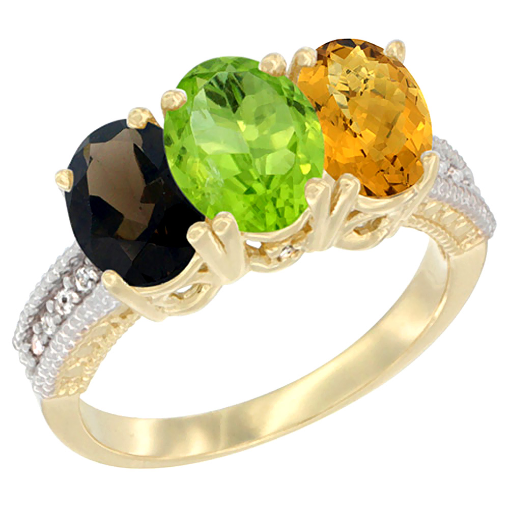 14K Yellow Gold Natural Smoky Topaz, Peridot & Whisky Quartz Ring 3-Stone 7x5 mm Oval Diamond Accent, sizes 5 - 10