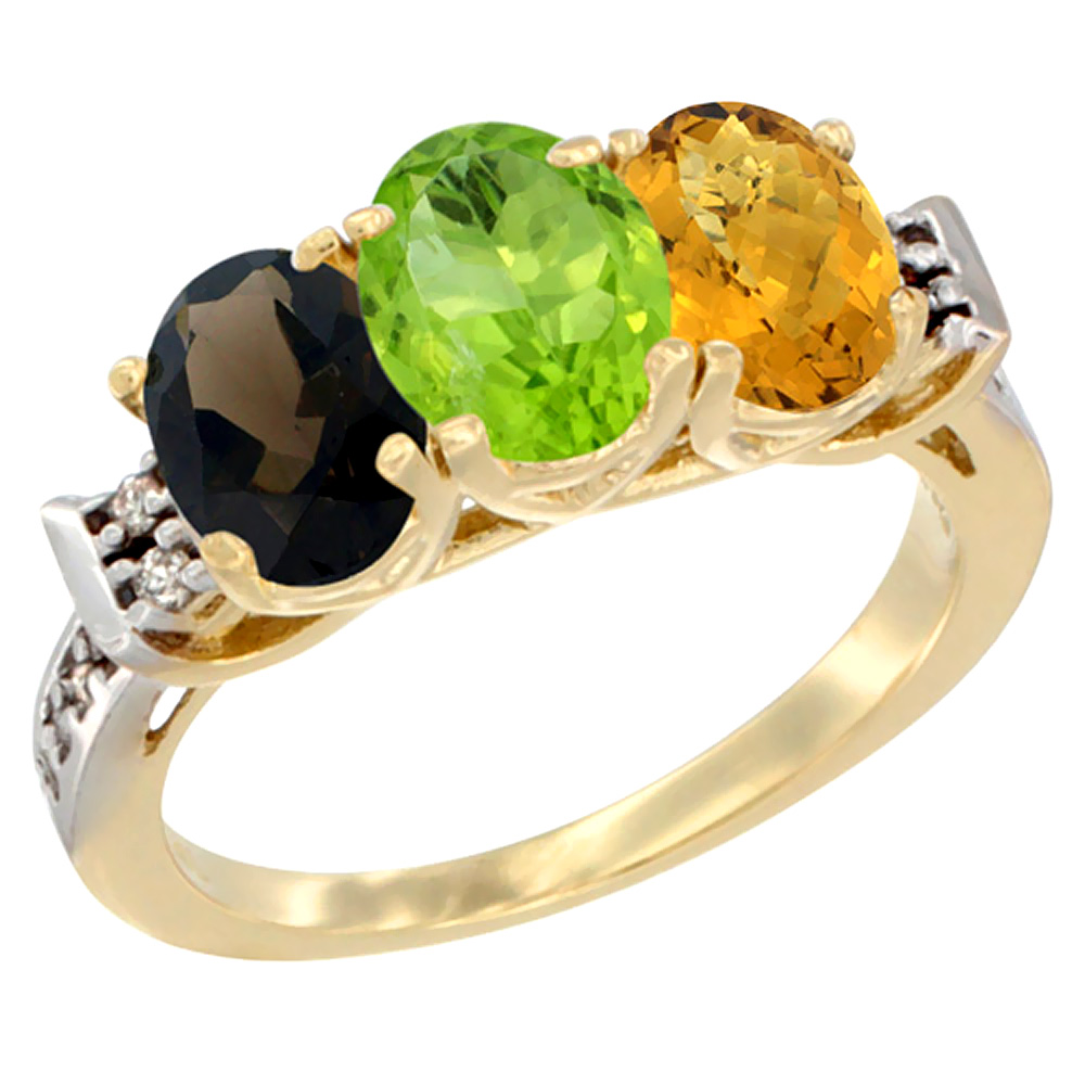 14K Yellow Gold Natural Smoky Topaz, Peridot &amp; Whisky Quartz Ring 3-Stone Oval 7x5 mm Diamond Accent, sizes 5 - 10