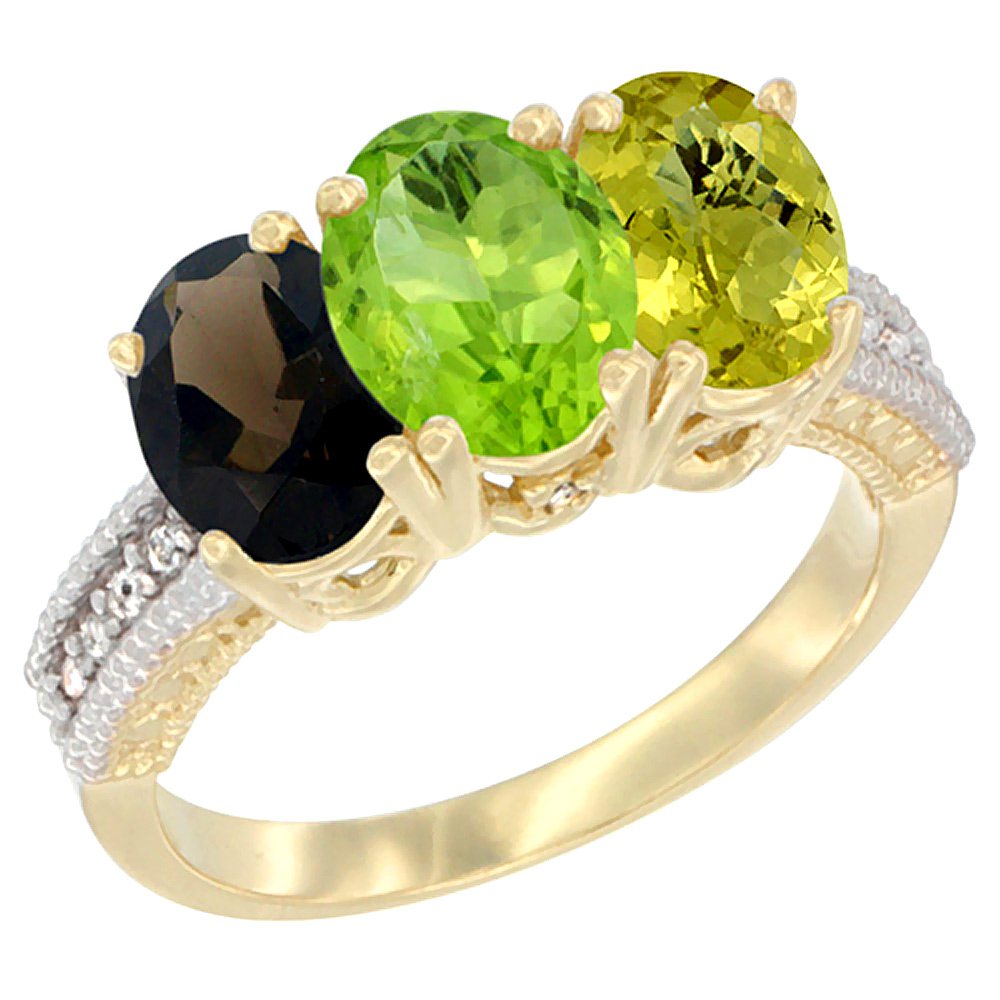 14K Yellow Gold Natural Smoky Topaz, Peridot & Lemon Quartz Ring 3-Stone 7x5 mm Oval Diamond Accent, sizes 5 - 10