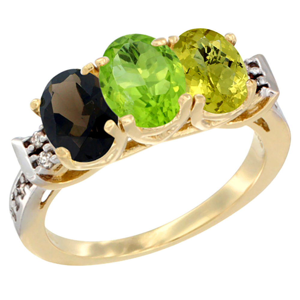 14K Yellow Gold Natural Smoky Topaz, Peridot & Lemon Quartz Ring 3-Stone Oval 7x5 mm Diamond Accent, sizes 5 - 10