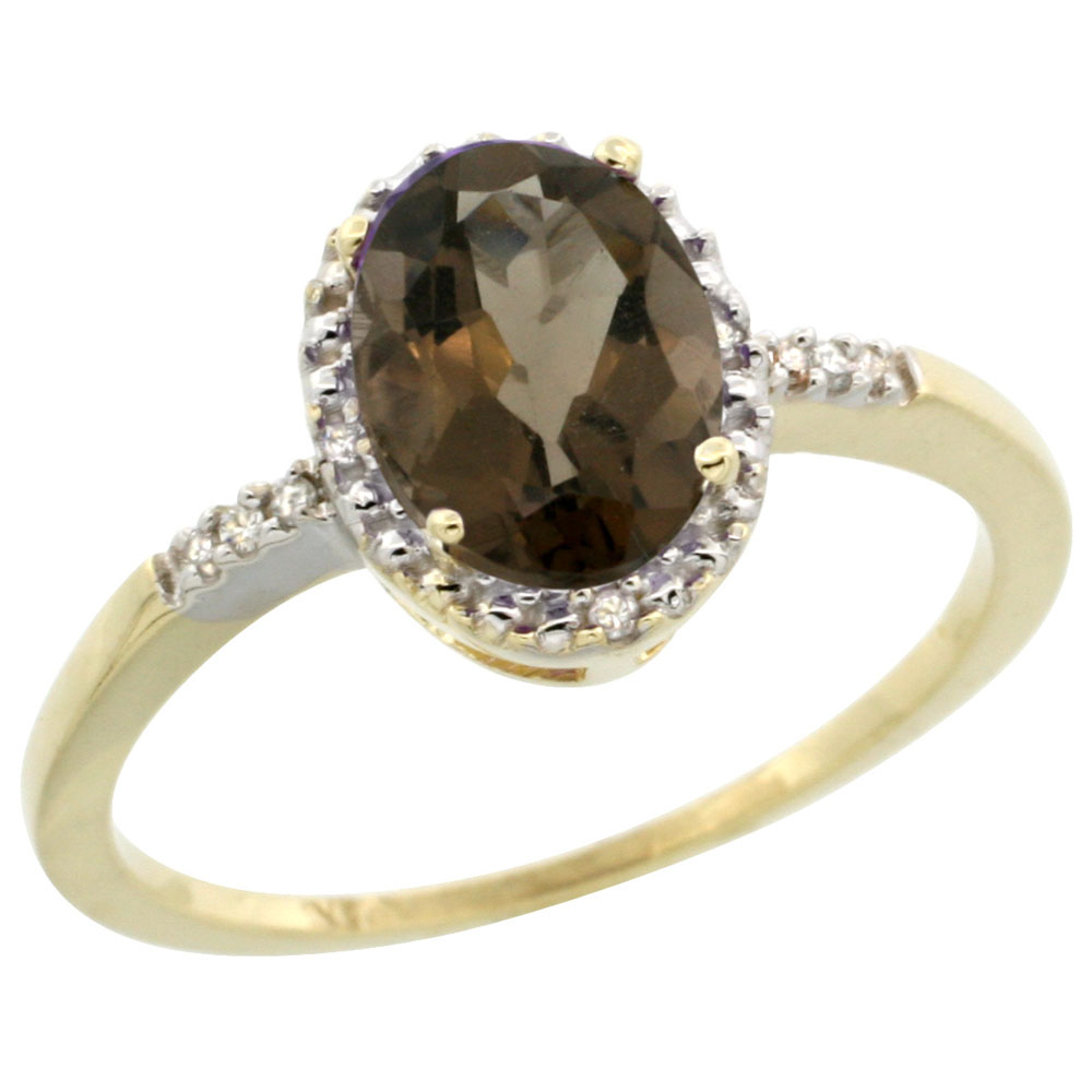 10K Yellow Gold Diamond Natural Smoky Topaz Ring Oval 8x6mm, sizes 5-10