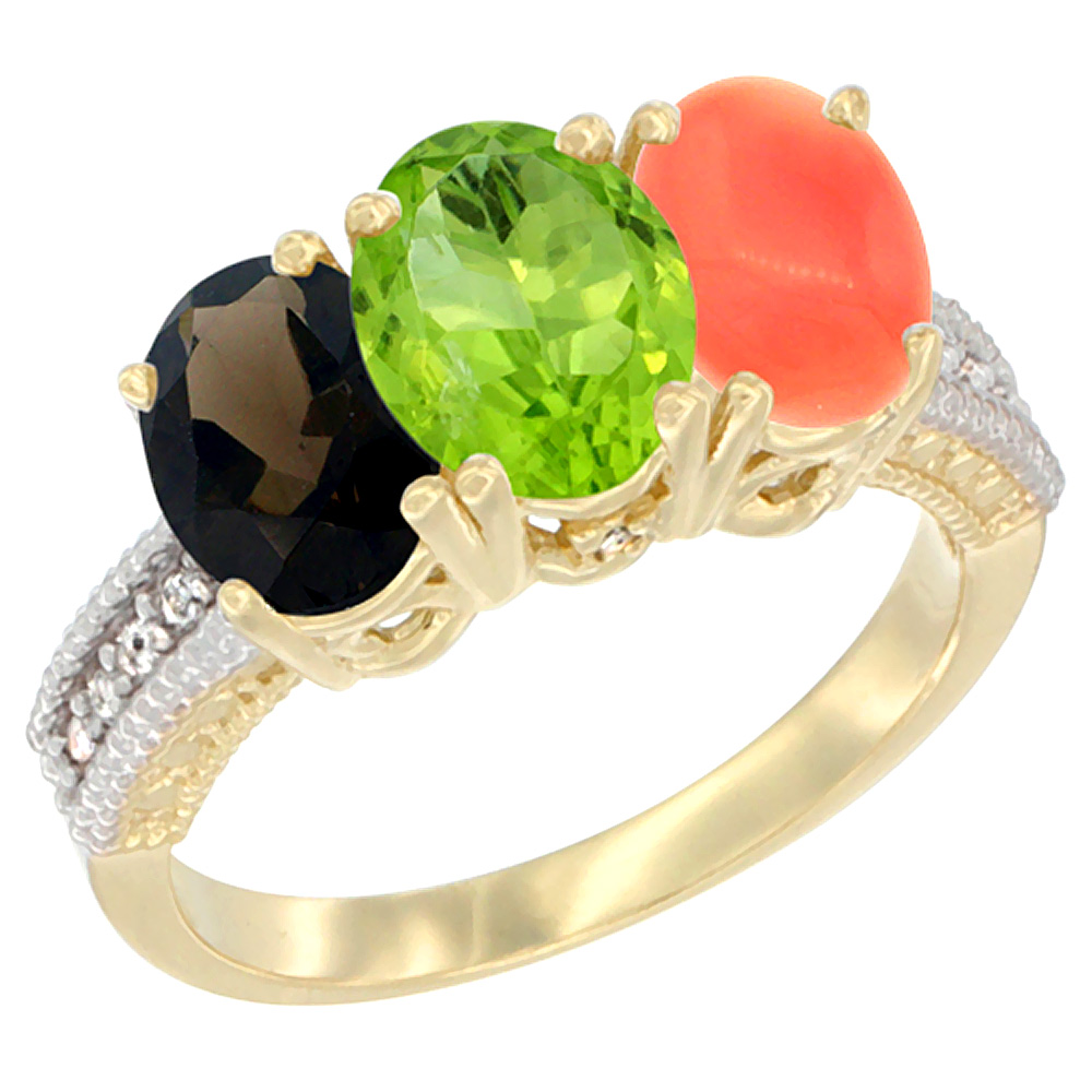 10K Yellow Gold Diamond Natural Smoky Topaz, Peridot & Coral Ring 3-Stone 7x5 mm Oval, sizes 5 - 10