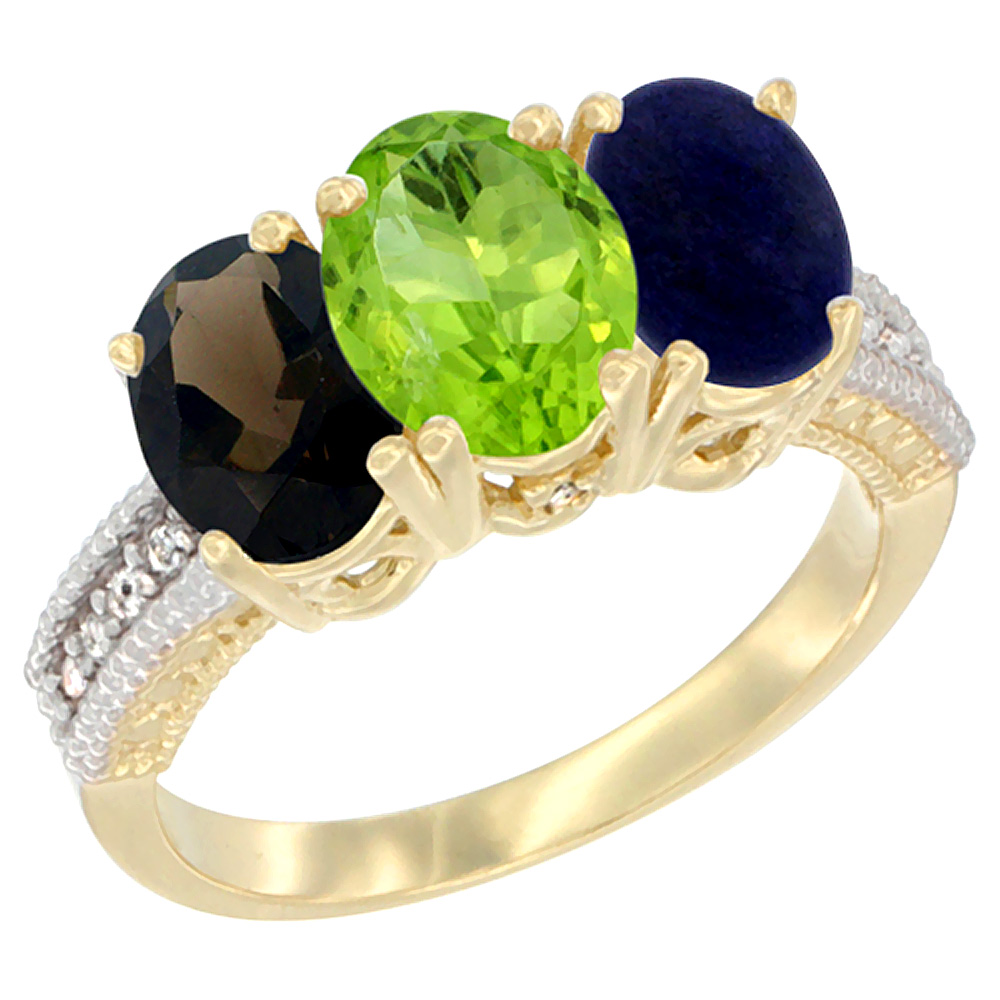 14K Yellow Gold Natural Smoky Topaz, Peridot & Lapis Ring 3-Stone 7x5 mm Oval Diamond Accent, sizes 5 - 10