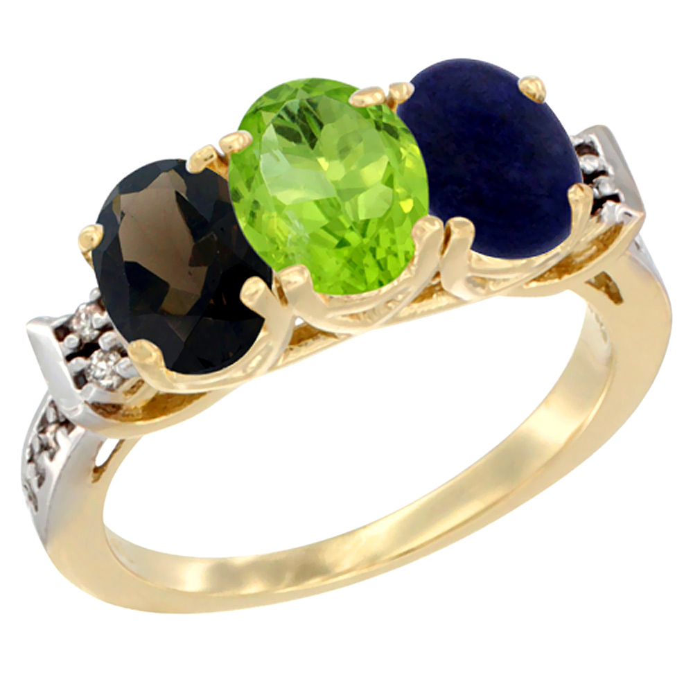 10K Yellow Gold Natural Smoky Topaz, Peridot & Lapis Ring 3-Stone Oval 7x5 mm Diamond Accent, sizes 5 - 10