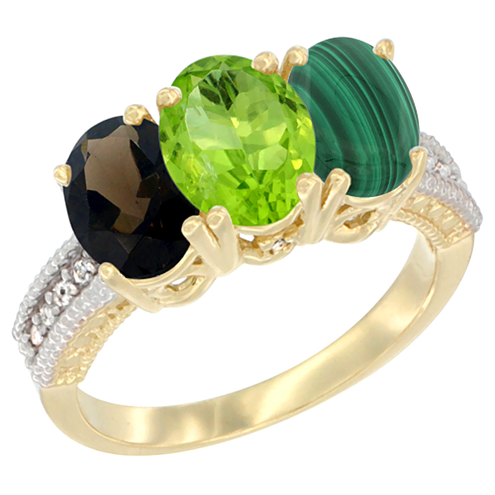 14K Yellow Gold Natural Smoky Topaz, Peridot & Malachite Ring 3-Stone 7x5 mm Oval Diamond Accent, sizes 5 - 10