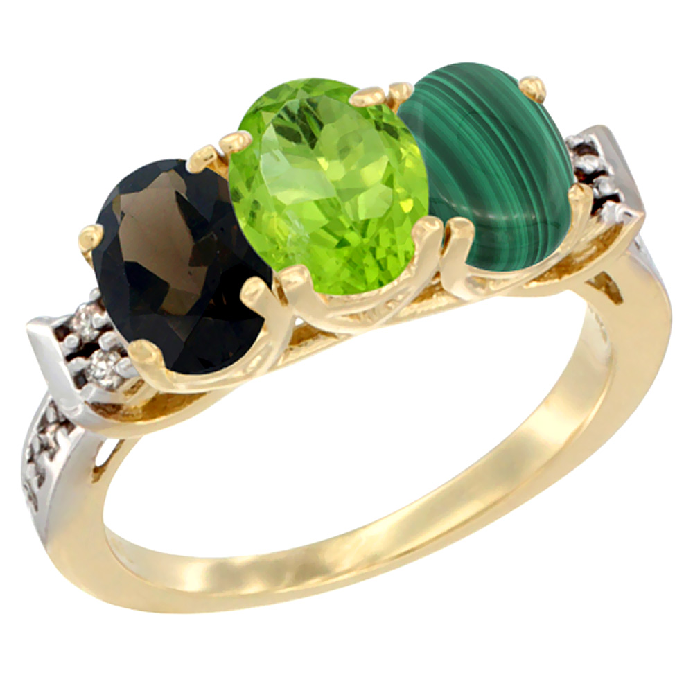 14K Yellow Gold Natural Smoky Topaz, Peridot &amp; Malachite Ring 3-Stone Oval 7x5 mm Diamond Accent, sizes 5 - 10