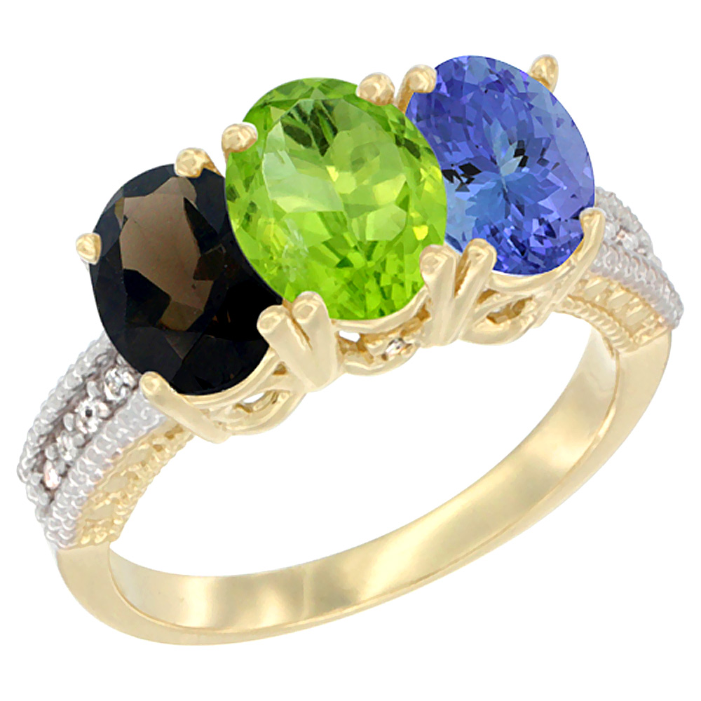 14K Yellow Gold Natural Smoky Topaz, Peridot &amp; Tanzanite Ring 3-Stone 7x5 mm Oval Diamond Accent, sizes 5 - 10