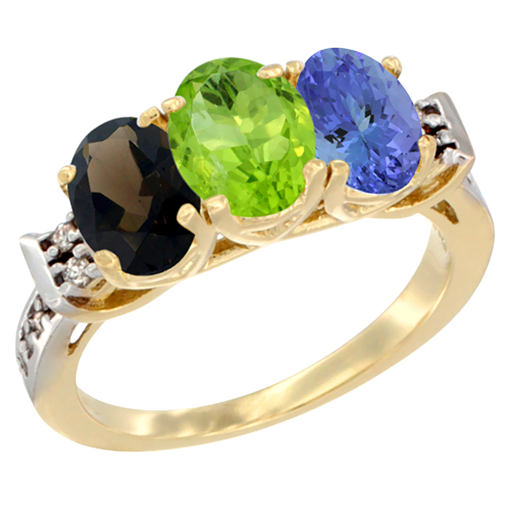 10K Yellow Gold Natural Smoky Topaz, Peridot & Tanzanite Ring 3-Stone Oval 7x5 mm Diamond Accent, sizes 5 - 10