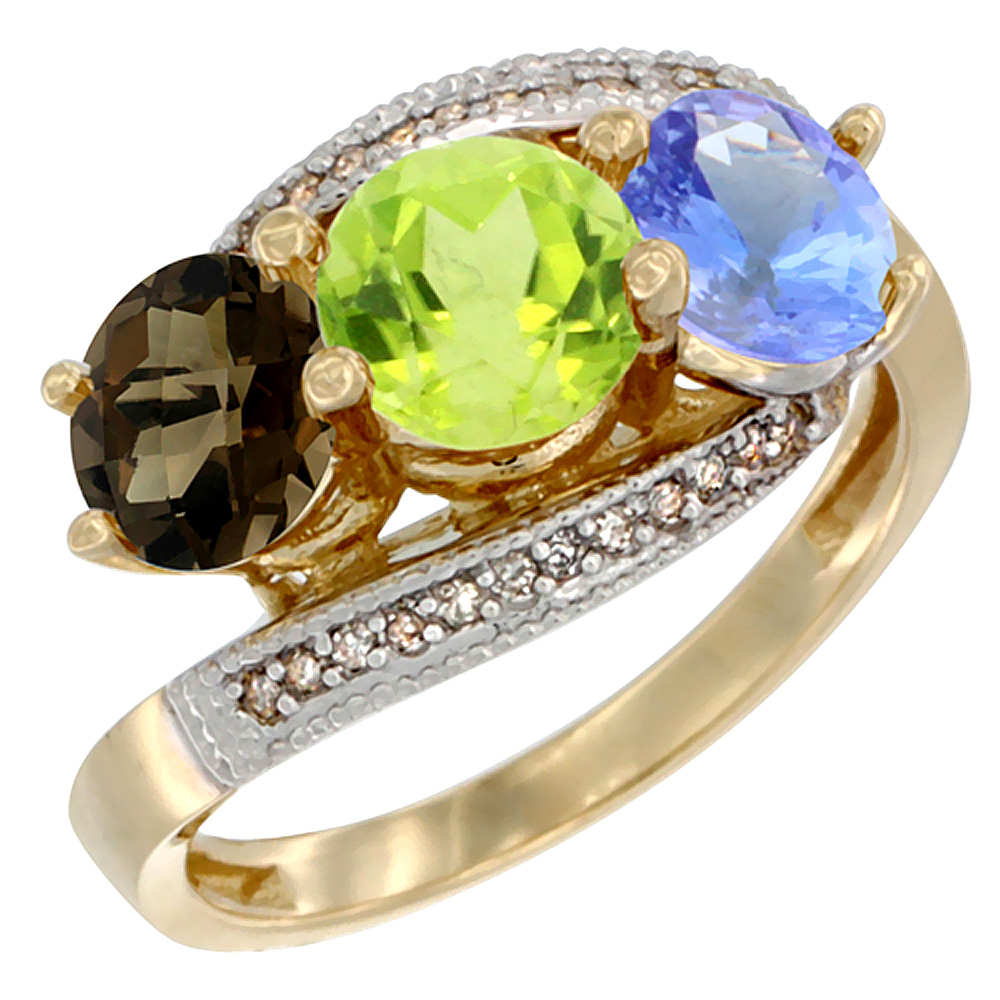 10K Yellow Gold Natural Smoky Topaz, Peridot &amp; Tanzanite 3 stone Ring Round 6mm Diamond Accent, sizes 5 - 10