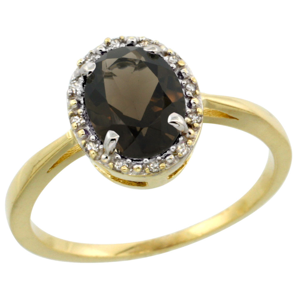 10k Yellow Gold Natural Smoky Topaz Ring Oval 8x6 mm Diamond Halo, sizes 5-10