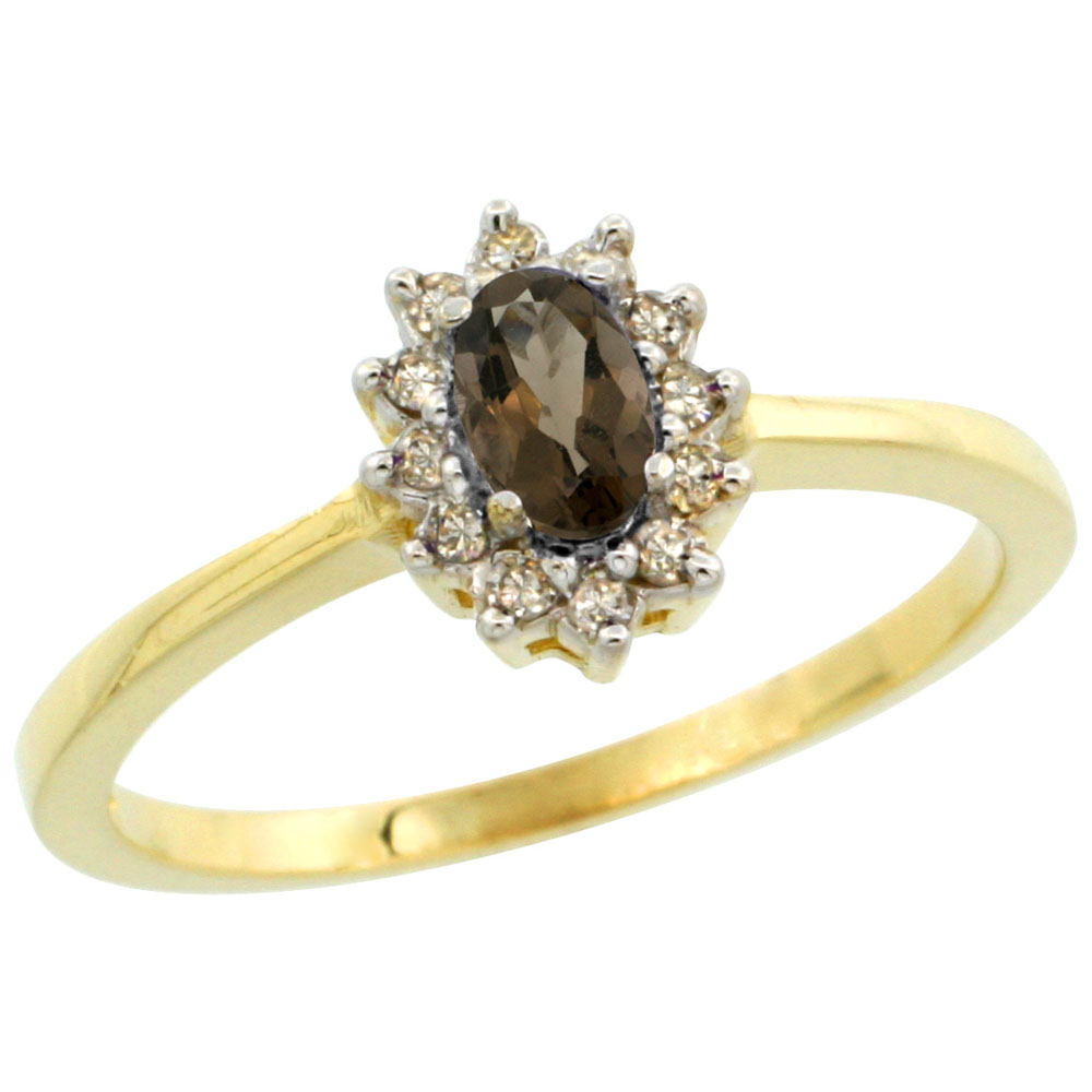 14K Yellow Gold Natural Smoky Topaz Ring Oval 5x3mm Diamond Halo, sizes 5-10