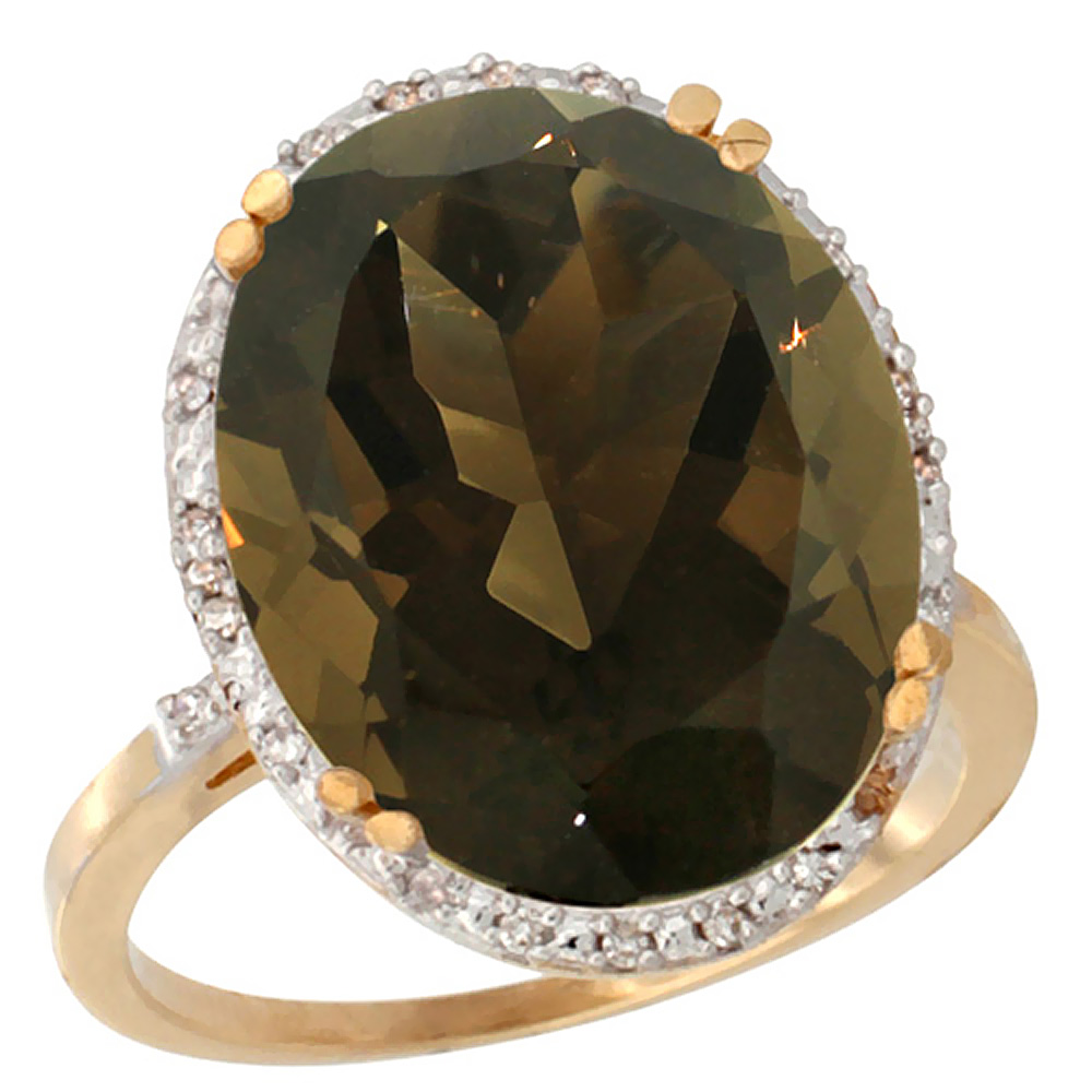10k Yellow Gold Natural Smoky Topaz Ring Large Oval 18x13mm Diamond Halo, sizes 5-10
