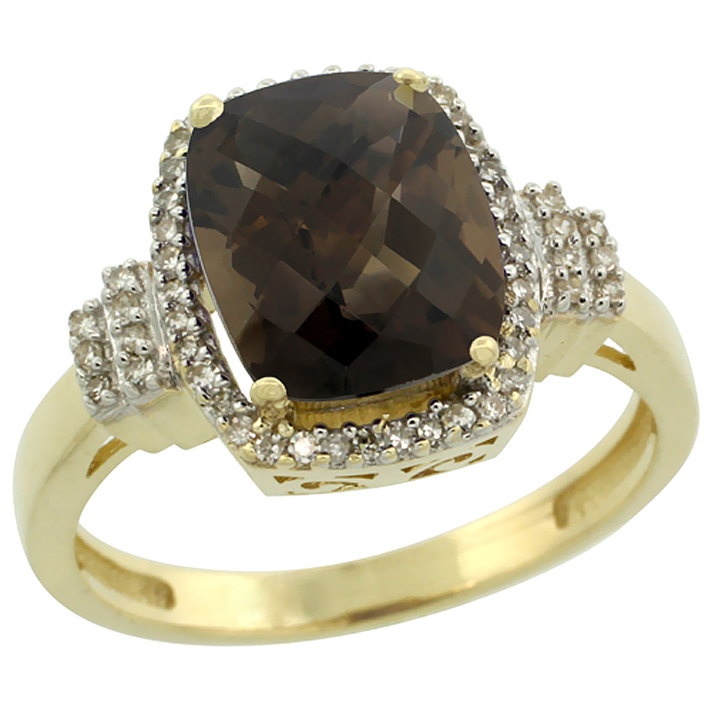 10k Yellow Gold Natural Smoky Topaz Ring Cushion-cut 9x7mm Diamond Halo, sizes 5-10