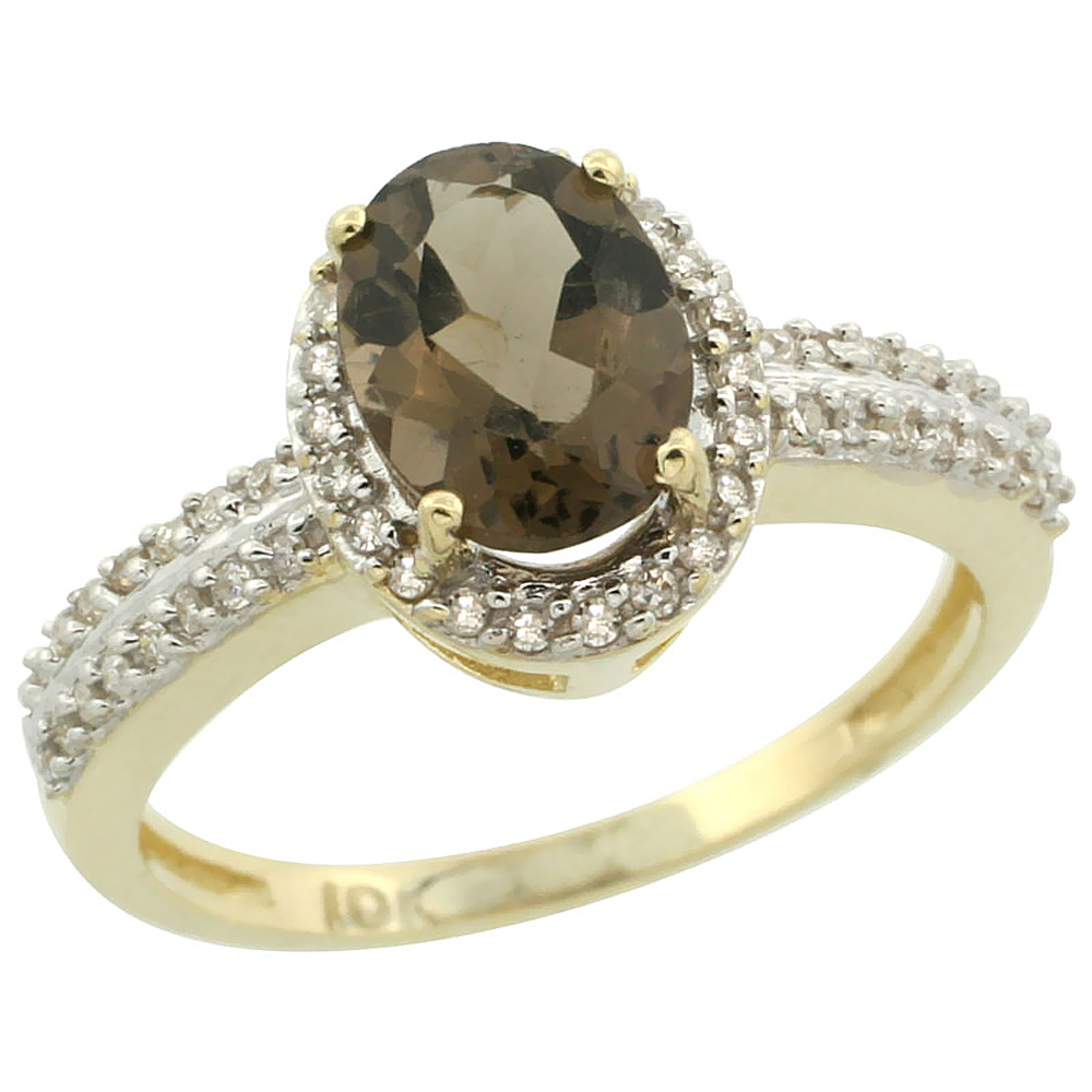 10k Yellow Gold Natural Smoky Topaz Ring Oval 8x6mm Diamond Halo, sizes 5-10