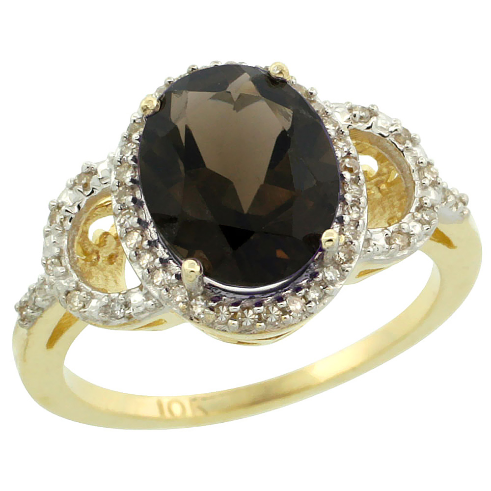 10K Yellow Gold Diamond Natural Smoky Topaz Engagement Ring Oval 10x8mm, sizes 5-10