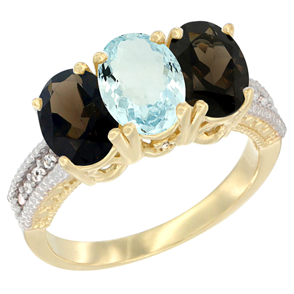 14K Yellow Gold Natural Aquamarine & Smoky Topaz Ring 3-Stone 7x5 mm Oval Diamond Accent, sizes 5 - 10