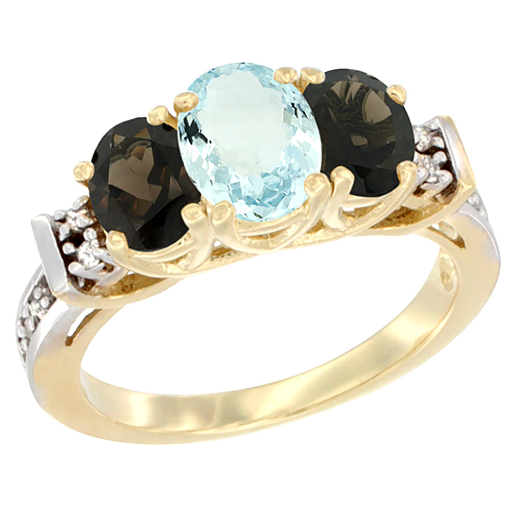 14K Yellow Gold Natural Aquamarine &amp; Smoky Topaz Ring 3-Stone Oval Diamond Accent