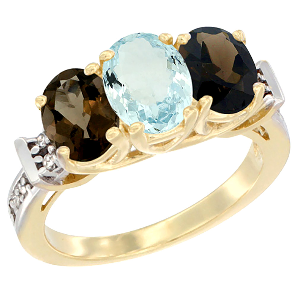 10K Yellow Gold Natural Aquamarine &amp; Smoky Topaz Sides Ring 3-Stone Oval Diamond Accent, sizes 5 - 10
