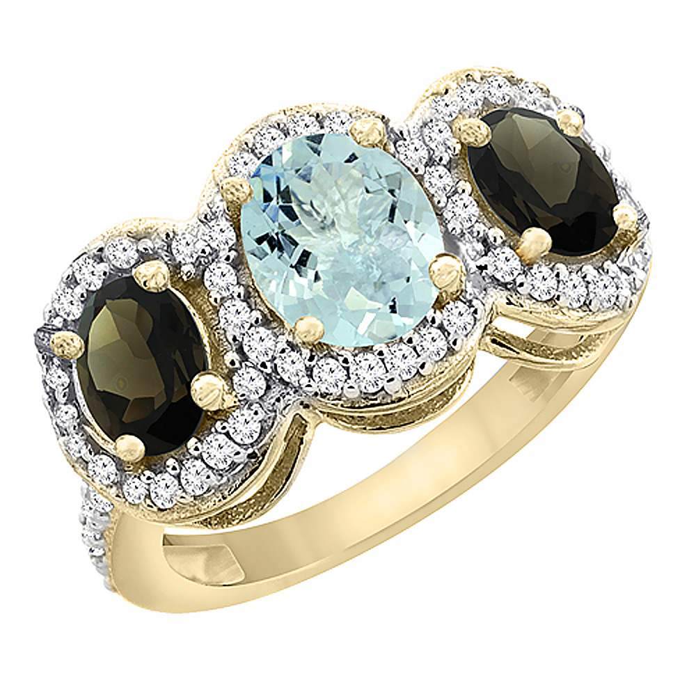 14K Yellow Gold Natural Aquamarine &amp; Smoky Topaz 3-Stone Ring Oval Diamond Accent, sizes 5 - 10