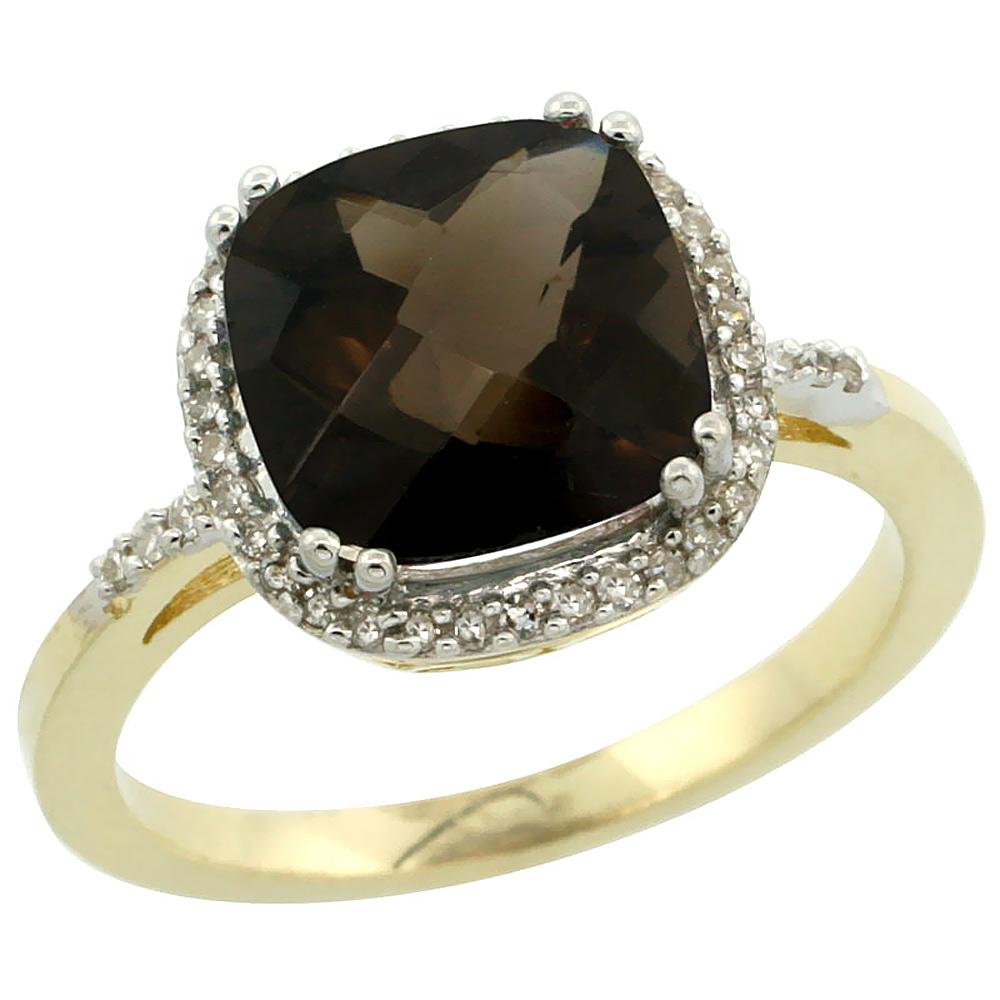 14K Yellow Gold Diamond Natural Smoky Topaz Ring Cushion-cut 9x9mm, sizes 5-10