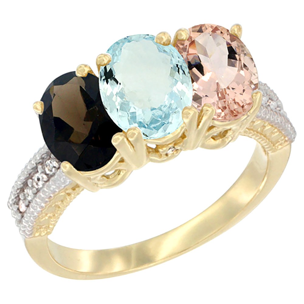 10K Yellow Gold Diamond Natural Smoky Topaz, Aquamarine &amp; Morganite Ring 3-Stone 7x5 mm Oval, sizes 5 - 10