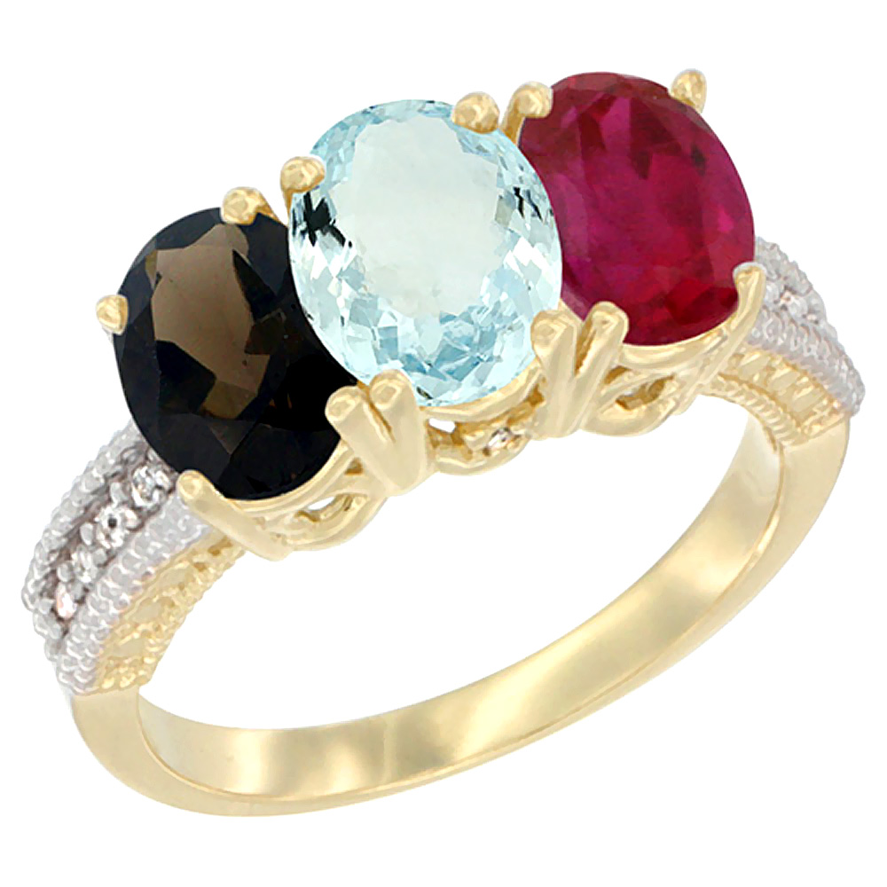 14K Yellow Gold Natural Smoky Topaz, Aquamarine & Enhanced Ruby Ring 3-Stone 7x5 mm Oval Diamond Accent, sizes 5 - 10