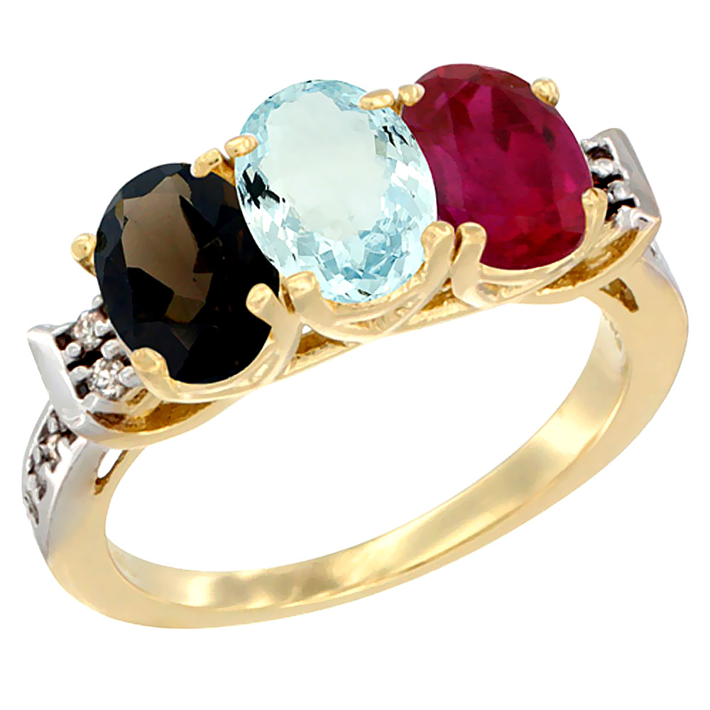 14K Yellow Gold Natural Smoky Topaz, Aquamarine & Enhanced Ruby Ring 3-Stone Oval 7x5 mm Diamond Accent, sizes 5 - 10