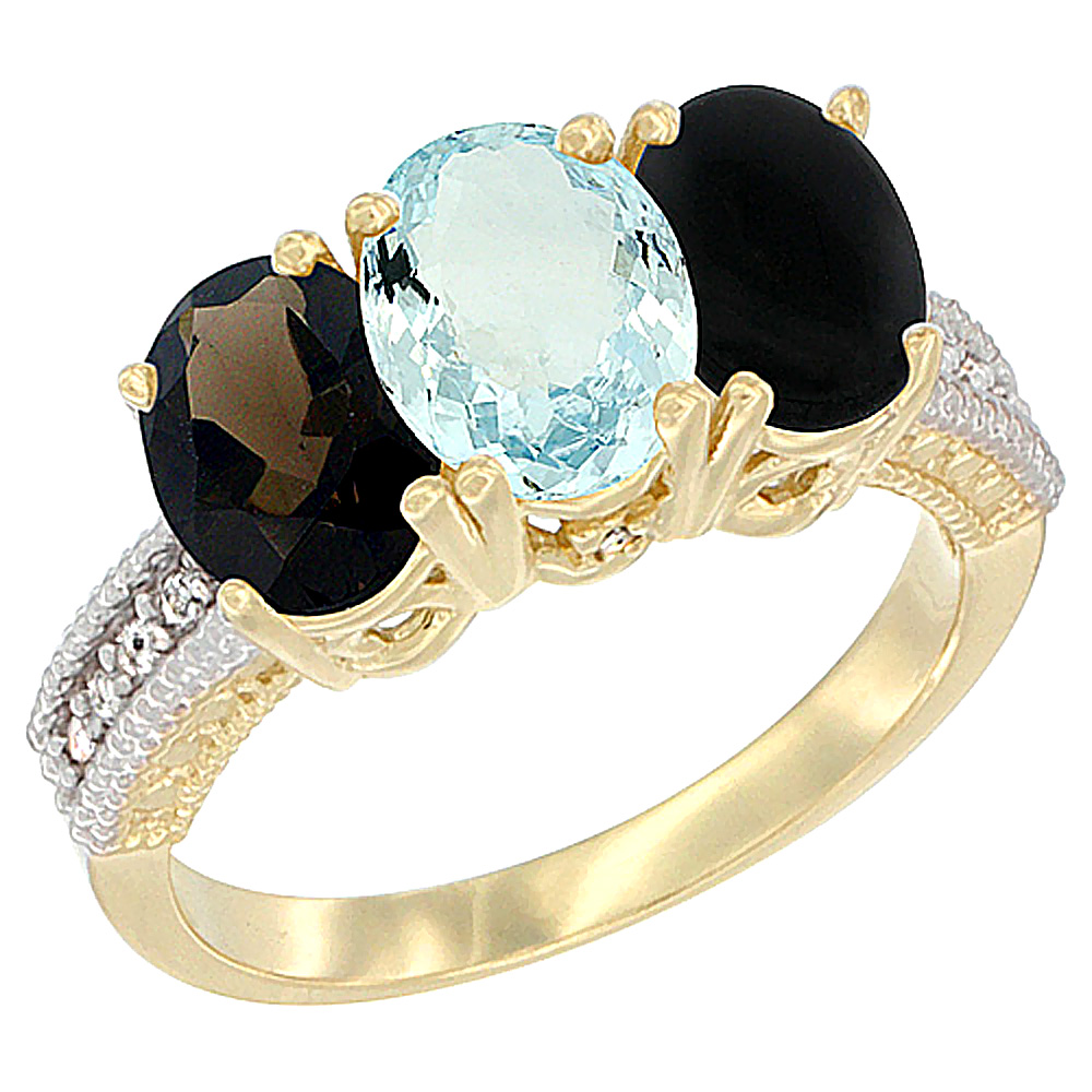 14K Yellow Gold Natural Smoky Topaz, Aquamarine & Black Onyx Ring 3-Stone 7x5 mm Oval Diamond Accent, sizes 5 - 10