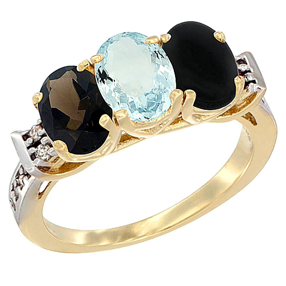 14K Yellow Gold Natural Smoky Topaz, Aquamarine & Black Onyx Ring 3-Stone Oval 7x5 mm Diamond Accent, sizes 5 - 10