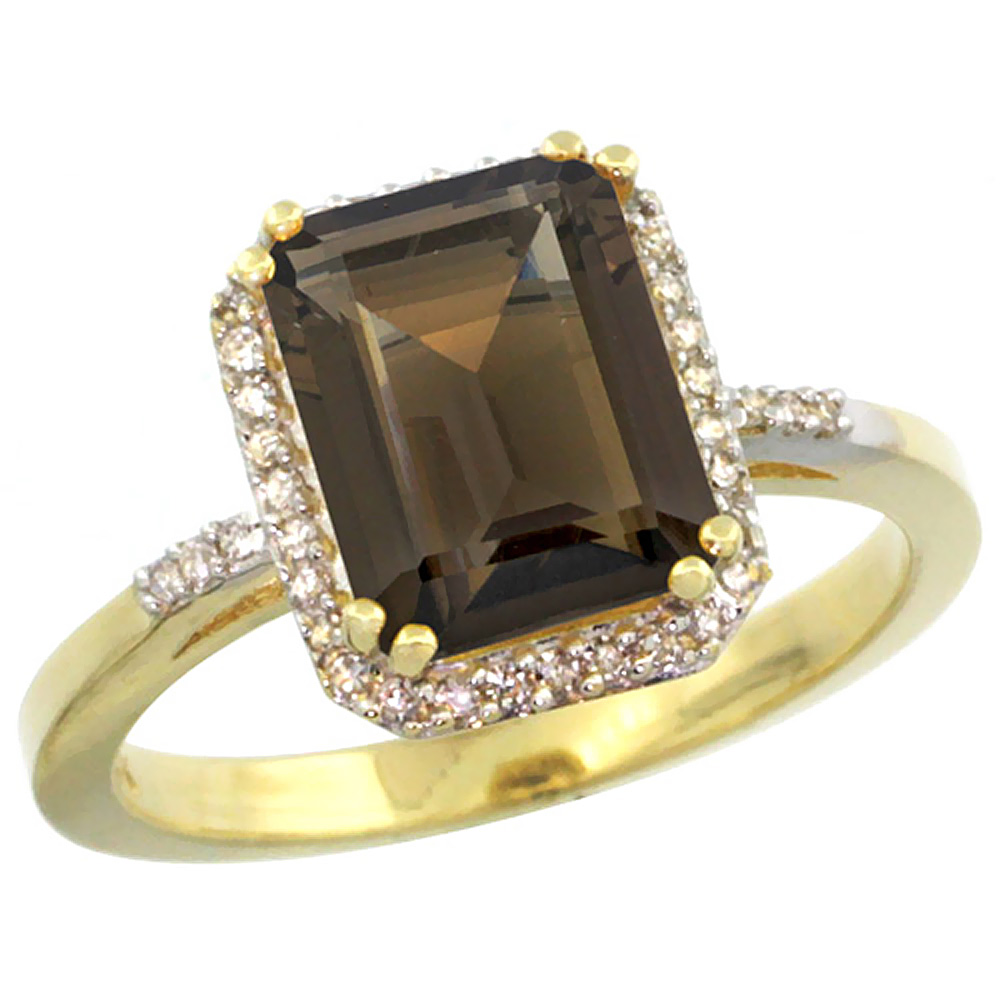 10K Yellow Gold Diamond Natural Smoky Topaz Ring Emerald-cut 9x7mm, sizes 5-10