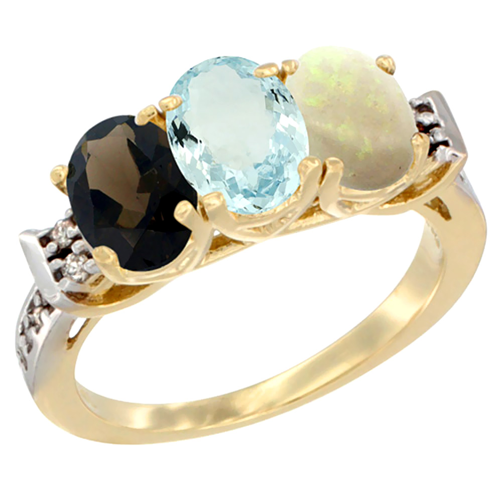 14K Yellow Gold Natural Smoky Topaz, Aquamarine & Opal Ring 3-Stone Oval 7x5 mm Diamond Accent, sizes 5 - 10