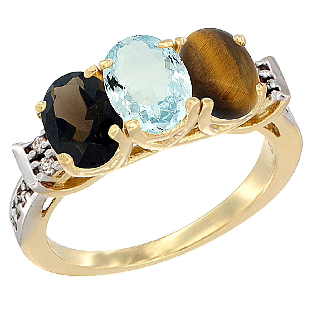 14K Yellow Gold Natural Smoky Topaz, Aquamarine & Tiger Eye Ring 3-Stone Oval 7x5 mm Diamond Accent, sizes 5 - 10