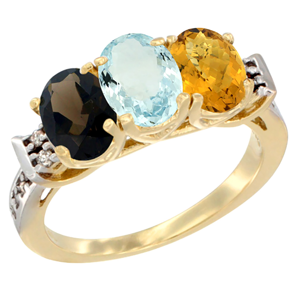 14K Yellow Gold Natural Smoky Topaz, Aquamarine & Whisky Quartz Ring 3-Stone Oval 7x5 mm Diamond Accent, sizes 5 - 10